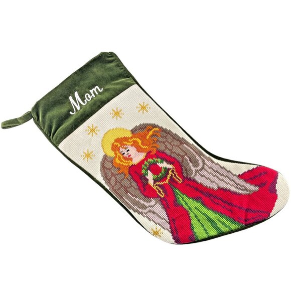 Christmas Stocking  Cross Stitch Angel w Gold Stars Mom Handmade - Picture 1 of 4